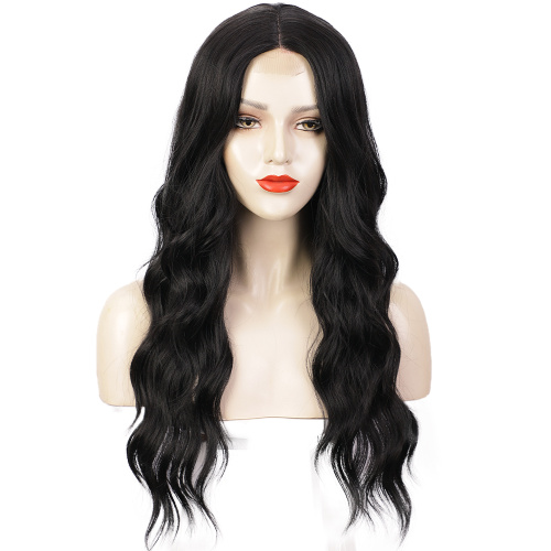 Synthetic Lace Front Wig Transparent Lace Front Wig Natural black Body Wavy Wigs with Bangs 150 Density Synthetic Lace Frontal Middle Part Wigs Factory