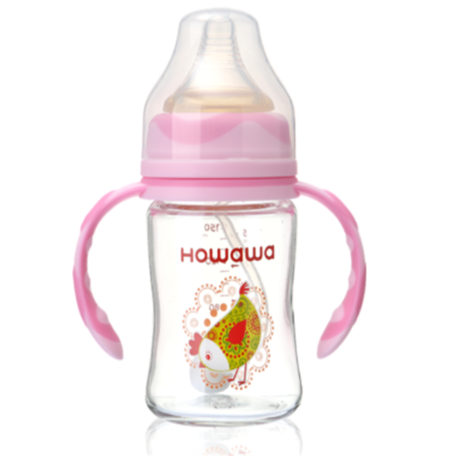 Стъклена бутилка за хранене за бебе с дръжка 240мл