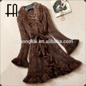 Factory direct wholesale price mink knitted fur overcoat with pocket