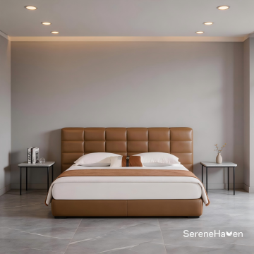 Chocolate Cube Grid Tuft Leather Upholstered Bed Frame