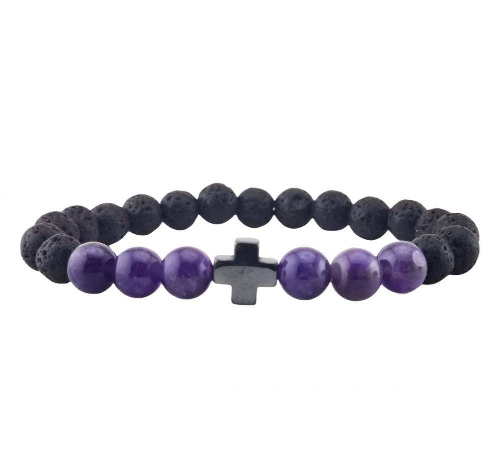 Gemstone 8 mm Black Lava Stone avec hématite croix Stretch Bracelet Naturel Stone Rounds Perles Bracelet à charme fait à la main pour les femmes