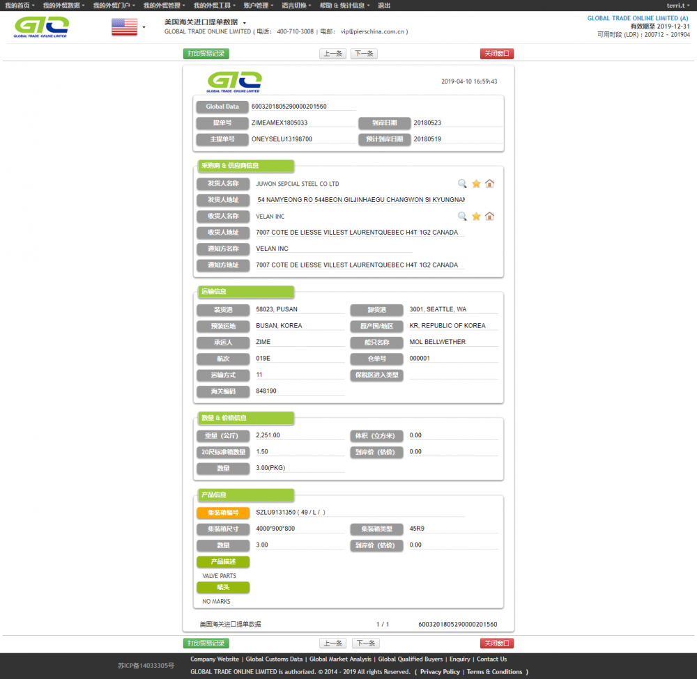 Valve Parts USA Consignee Information