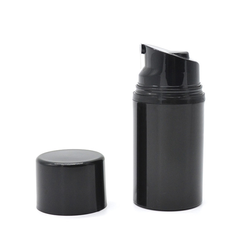 Groothandel OEM -logo Aangepaste cosmetische verpakking Lege plastic PP Press Airless Black Bottle 30 ml 50 ml