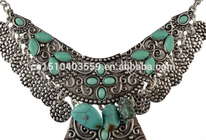Gypsy Womens Silver Long Turquoise Pendant Jewelry Necklace