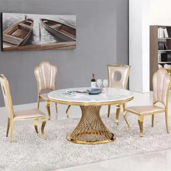 Modern Royal Luxury Wedding Gold Stainless Steel Base Round Marble Top Hotel Table and Chair Designs