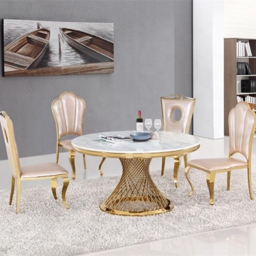 Modern Royal Luxury Wedding Gold Stainless Steel Base Round Marble Top Hotel Table and Chair Designs