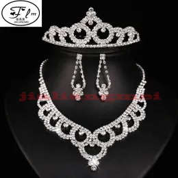 Hot Romantic Women Silver plated Rhinestone Bridal Imperial crown Earrings Necklace Three-piece