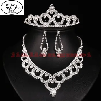 Hot Romantic Women Silver plated Rhinestone Bridal Imperial crown Earrings Necklace Three-piece