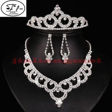 Hot Romantic Women Silver plated Rhinestone Bridal Imperial crown Earrings Necklace Three-piece