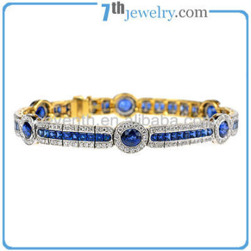 Blue Sapphire CZ Diamond Prong Set Brass Cuff Bracelet With Rhodium And Gold Plating