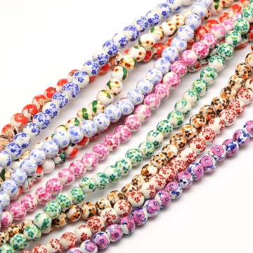 Shop Pandahall 6mm Round Mixed Color Handmade Flower Printed Porcelain Ceramic Beads Online