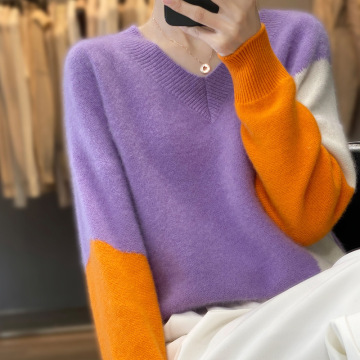 Ladies V-Neck Simple Colorblock Sweatshirt