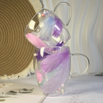 Colorful Double-Walled Insulated Cappuccino Glass Mug with Feathers