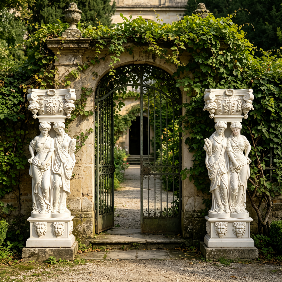 Marble-Caryatid-Columns-with-Iron-Gate-Archway