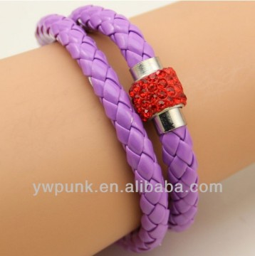 Supply DIY inlaid red rhinestones polymer clay magnetic clasps double turns lavender PU leather bracelets women jewelry