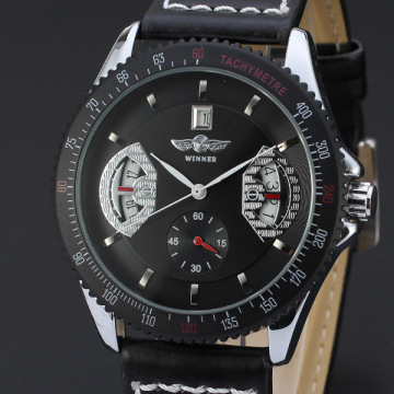 winner multicolor men alloy watch with sub-dial design leather band