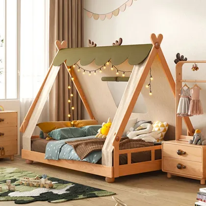 Kids Cartoon Wooden Bed with Canopy Cover