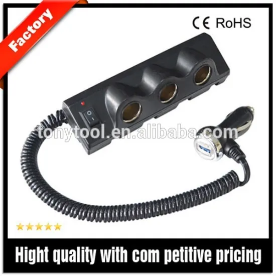 Blue LED lighted usb car charger with on off switch triple way cigarette socket