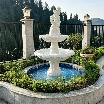 Small Cherub White Stone Garden Fountain