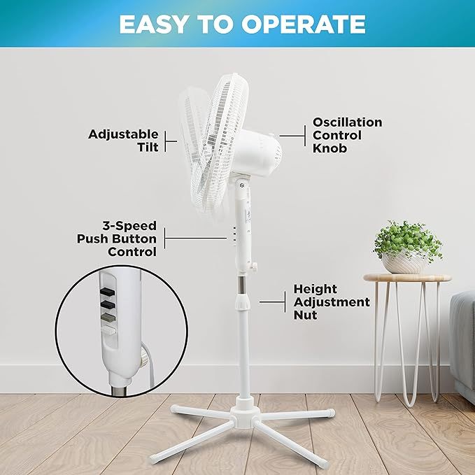 16 Inch Pedestal Fan 3-Speed Oscillation Adjustable Height Standing Floor Fan for living room bedroom kitchen and office