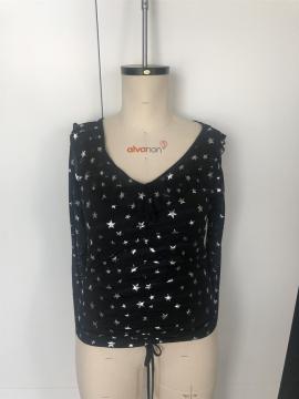 V-neck pattern gauze long sleeve top