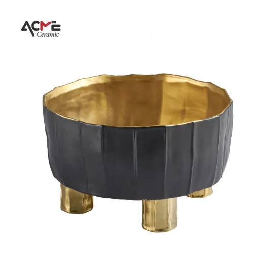 Modern Living Room Decor: Wholesale Golden & Black Ceramic Fruit Bowl with Stand