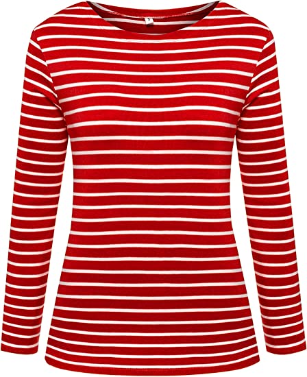 Women's Long Sleeve Striped T-Shirt Tops Slim-Fit Blouses