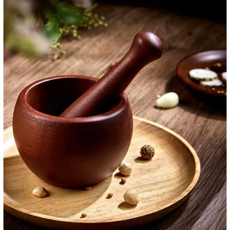 Natural Wood Mortar and Pestle Set with Wooden Tray