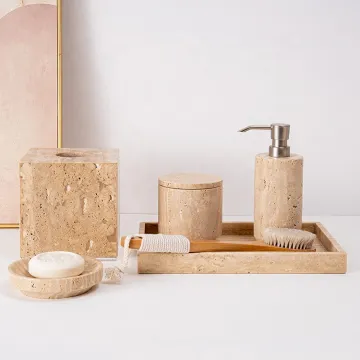 Five-Star Hotel Inspired Bath Room Accessories Set: Nature Stone, Marble, and Travertine Liquid Soap Dispenser