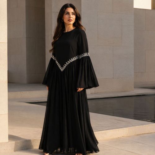 Luxury Solid Rhinestone Qurxiyey Flare Sleeve Abaya