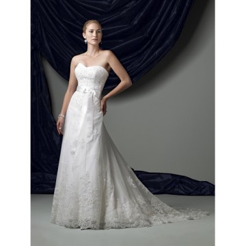 Strapless illusion and lace A-line gown with softly curved neckline cheap wedding dresses