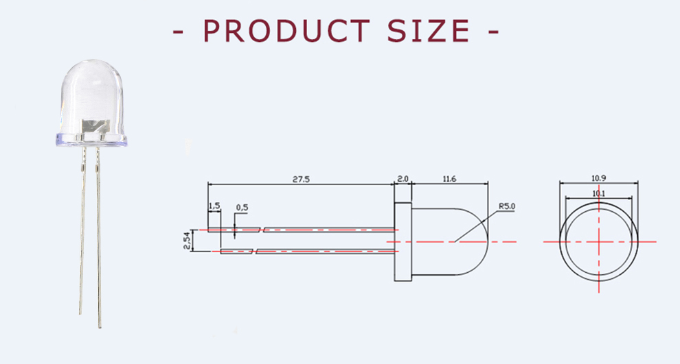 1004FRC62D3L14 Ultra Bright 10mm red LED Size