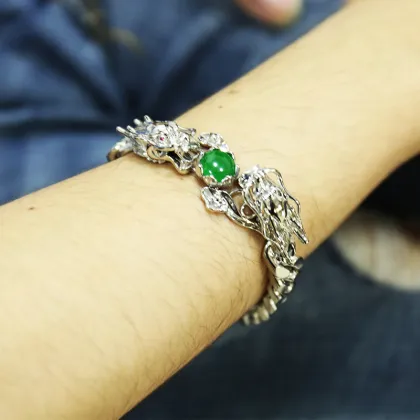 Custom Chain Moissanite Gem Stones Bracelet 925 Sterling Silver Punk Style Jade Dragon Bracelet for Men
