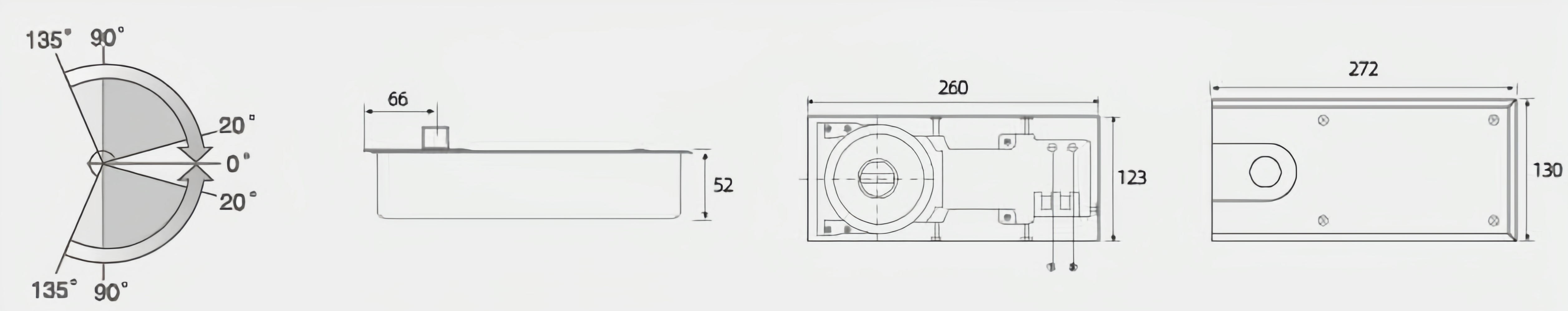 Floor spring dimensional drawing with opening angle reference
