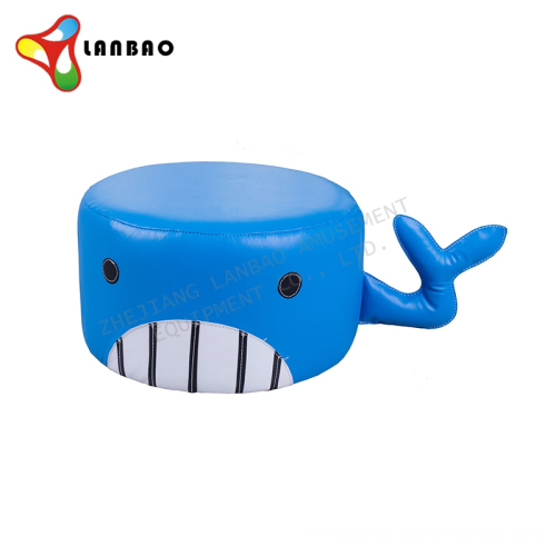 Cartoon-Themed Children's Indoor Play Area with Circular Stools and Soft Equipment