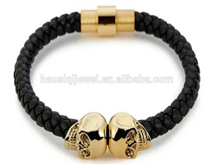 2018 black plated the north skull metal charm black leather men skull bracelet for wholesale