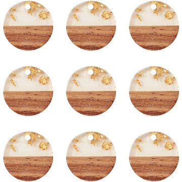 FASHEWELRY Resin Wooden Earring Pendants Flat Round with Gold Foil for Necklace Earring