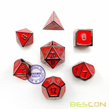 Bescon Deluxe Glossy Black and Fire Red Enamel Solid Metal Polyhedral Role Playing RPG Game Dice Set of 7 w/ Free Drawstring Bag