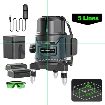 Tahap laser serba boleh dengan putaran 360 darjah, rasuk hijau 3d, tripod, dan dua baris untuk pengukuran yang tepat