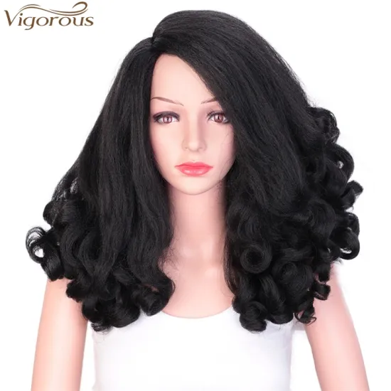 Vigorous 20 inch Synthetic High Temperature Fiber Afro Yaki Straight Wig Wave Ends Kinky Fluffy Hair Wig Wholesale Price