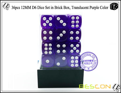 36pcs 12MM D6 Dice Set in Brick Box, Translucent Purple Color-2