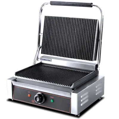 Commercial Top Grooved Bottom Flat Electric Single Head Contact Panini Grill Machine