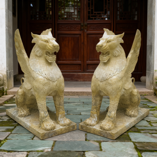 Grandiose Presence Mythical Winged Lion Marble Sculptures