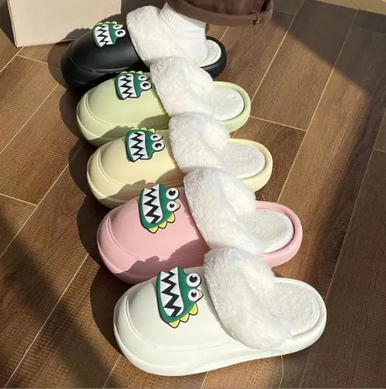 Cute Cartoon Detachable Fuzzy Slippers: Winter Warm, Waterproof, and Soft Plush EVA Shark Slides for Men and Women