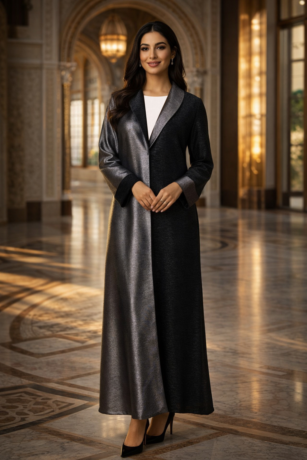 black metallic textured abaya lapel front