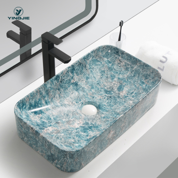 Jade Green Mint Ceramic Wash Basin with Marble Stone Surface Fractures Pattern Art Print