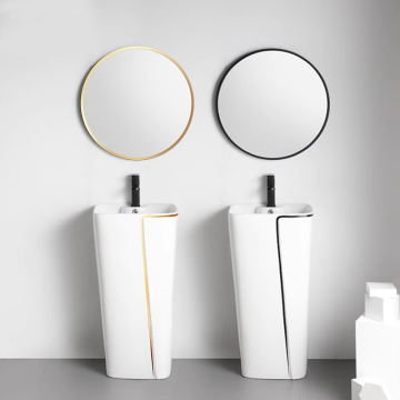 Glossy White WC Sanitary Ware Bathroom Pedestal Basin Hand Wash Ceramic Sink with Gold Black Rim