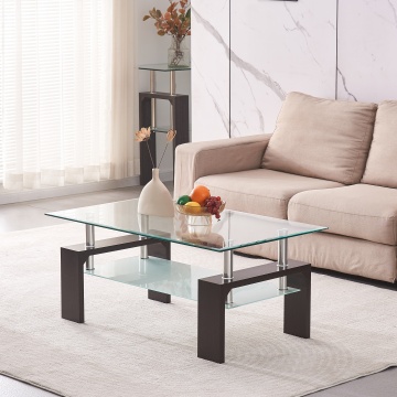 Mesa de café de vidrio de 2 capas rectangular con MDF marrón