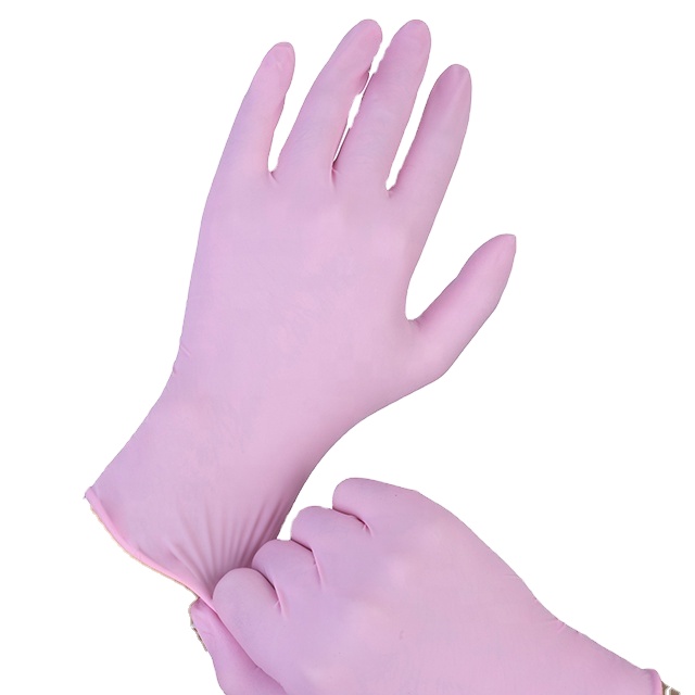 Guantes de nitrilo rosa desechable sin polvo para tareas domésticas