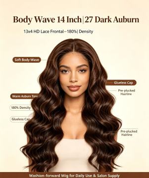 14 Inch 13x4 HD Lace Frontal Body Wave 180% Density 27 Dark Auburn Human Hair Wig
